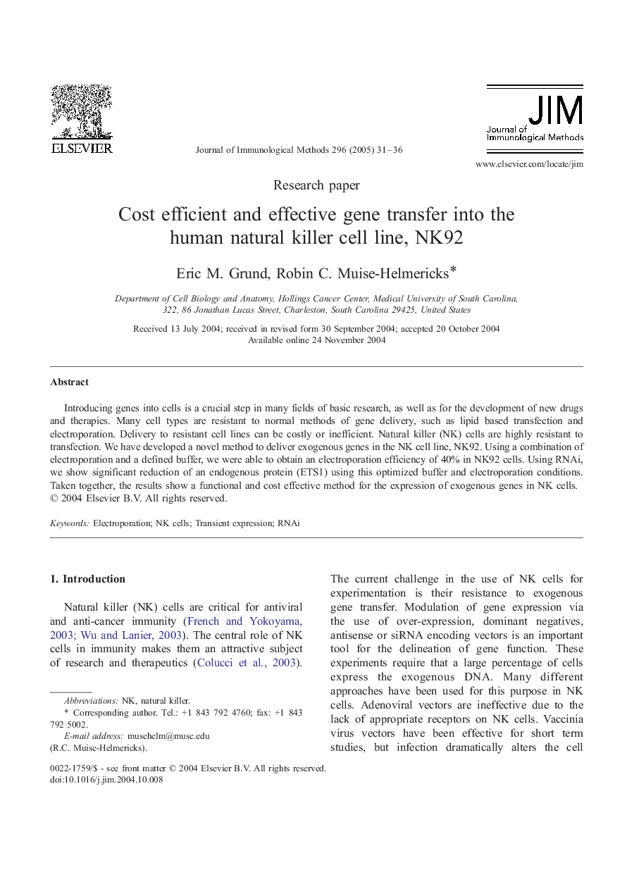 Cost efficient and effective gene transfer into the human natural killer cell line, NK92