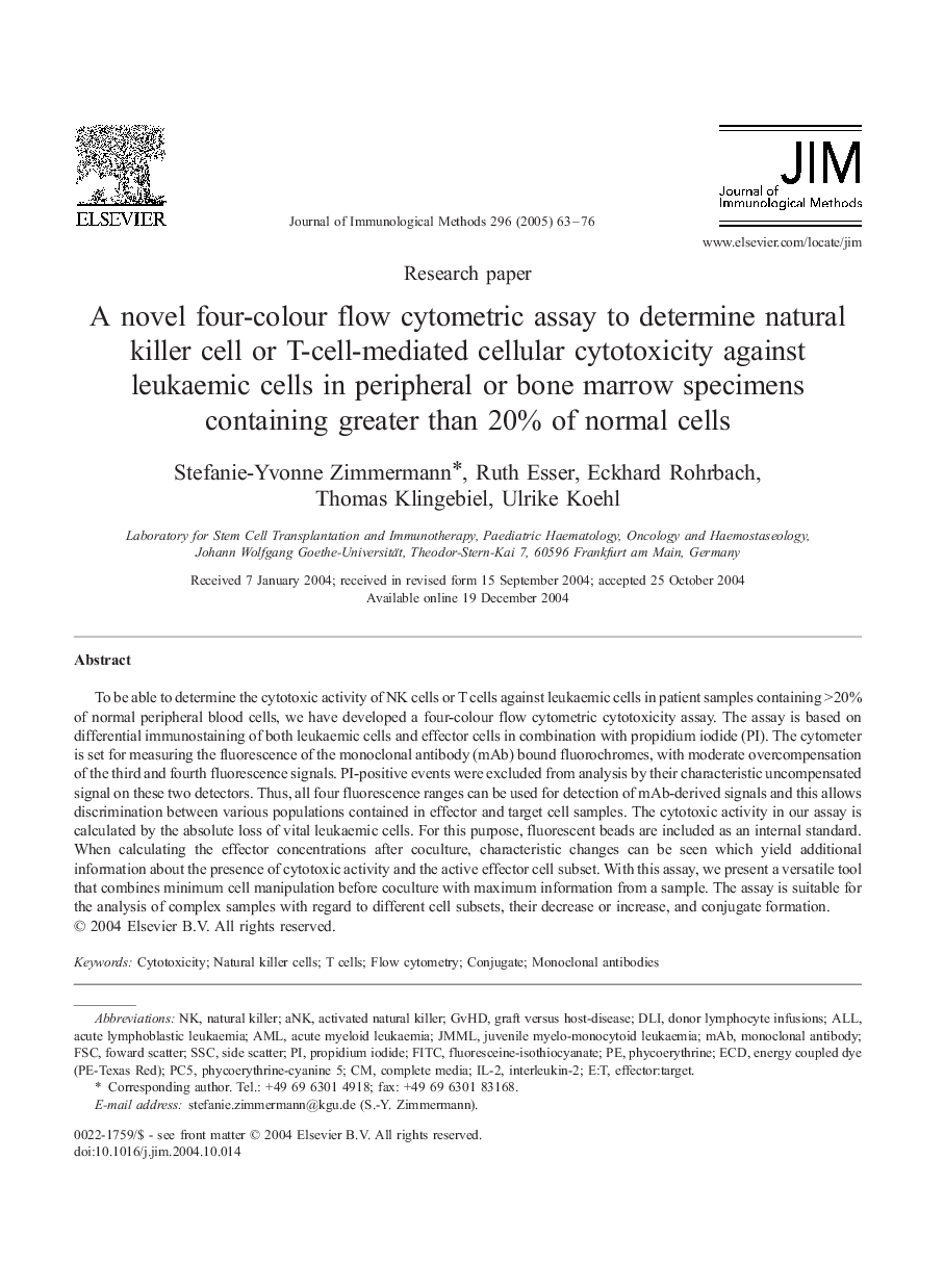 A novel four-colour flow cytometric assay to determine natural killer cell or T-cell-mediated cellular cytotoxicity against leukaemic cells in peripheral or bone marrow specimens containing greater than 20% of normal cells