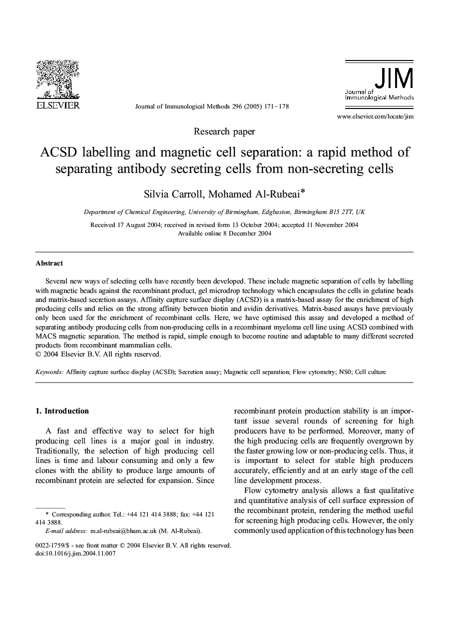 ACSD labelling and magnetic cell separation: a rapid method of separating antibody secreting cells from non-secreting cells