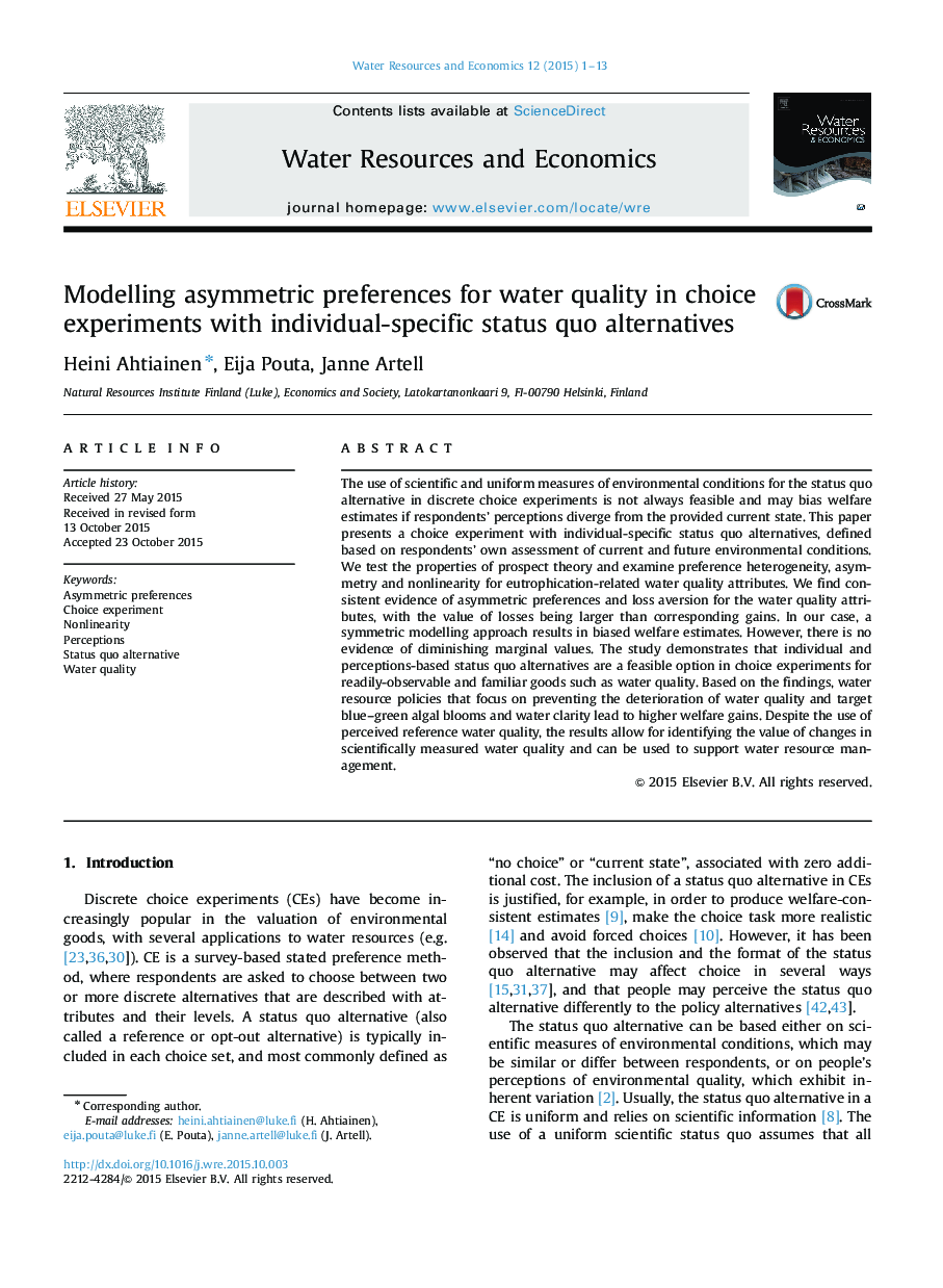 Modelling asymmetric preferences for water quality in choice experiments with individual-specific status quo alternatives