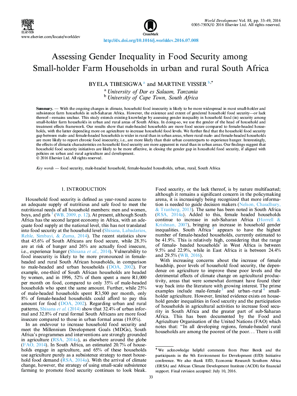 ارزیابی نابرابری در امنیت غذایی در میان خانواده های دارنده مزرعه کوچک در مناطق شهری و روستایی آفریقای جنوبی