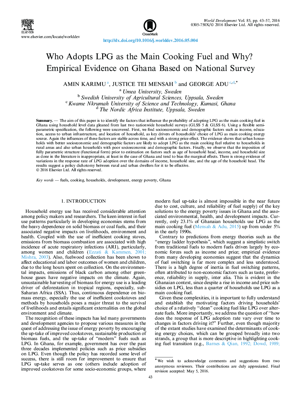 چه کسی تصویب LPG به عنوان سوخت پخت و پز اصلی را انجام داد و چرا؟ شواهد تجربی در غنا بر اساس بررسی ملی