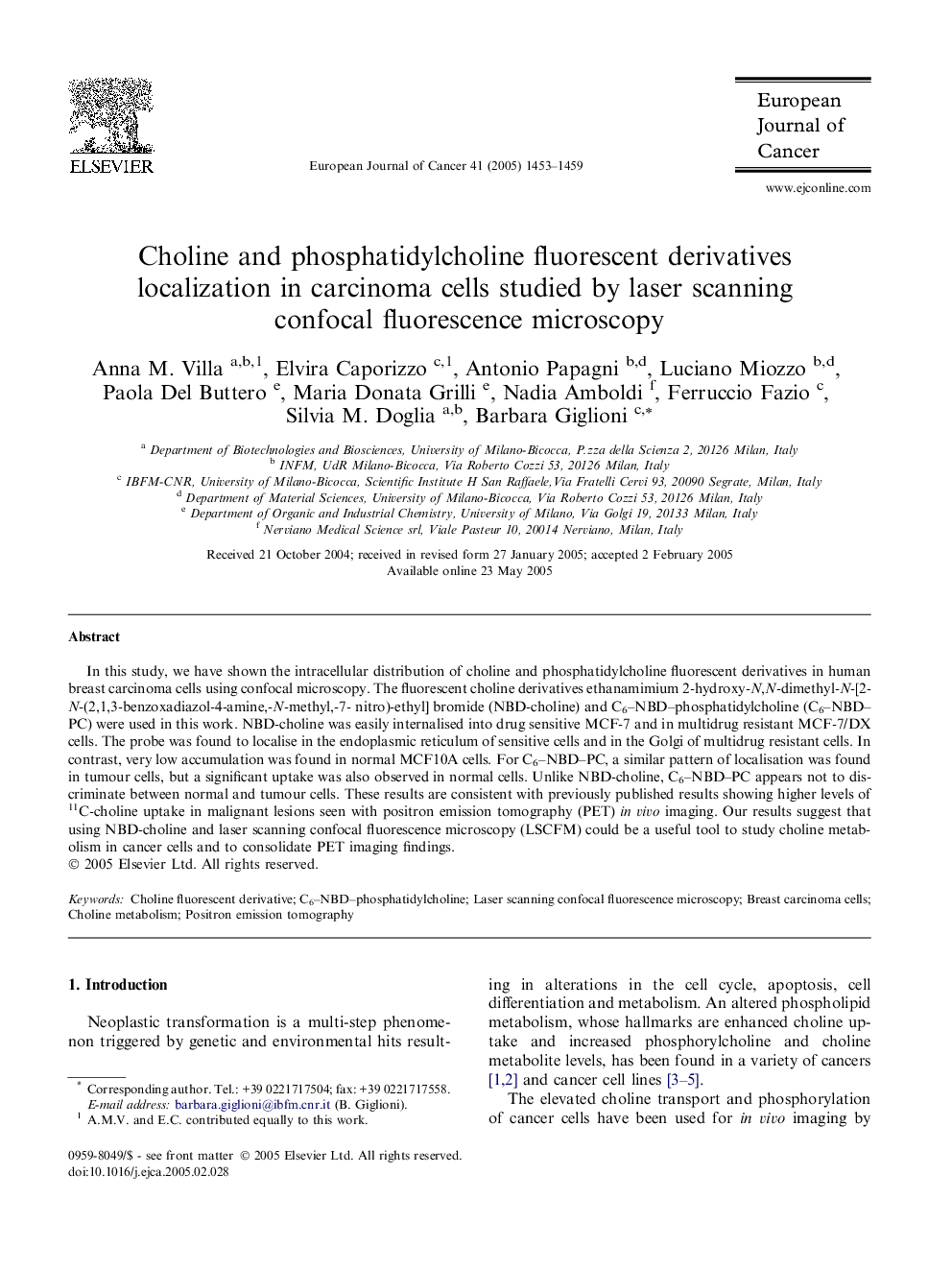 Choline and phosphatidylcholine fluorescent derivatives localization in carcinoma cells studied by laser scanning confocal fluorescence microscopy