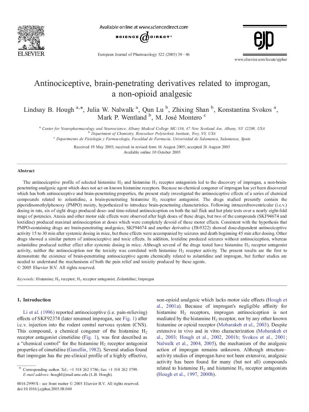 Antinociceptive, brain-penetrating derivatives related to improgan, a non-opioid analgesic