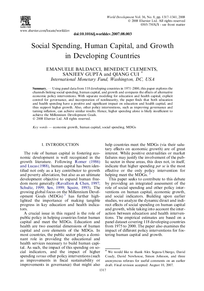 Social Spending, Human Capital, and Growth in Developing Countries
