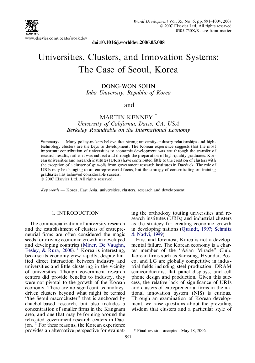 Universities, Clusters, and Innovation Systems: The Case of Seoul, Korea
