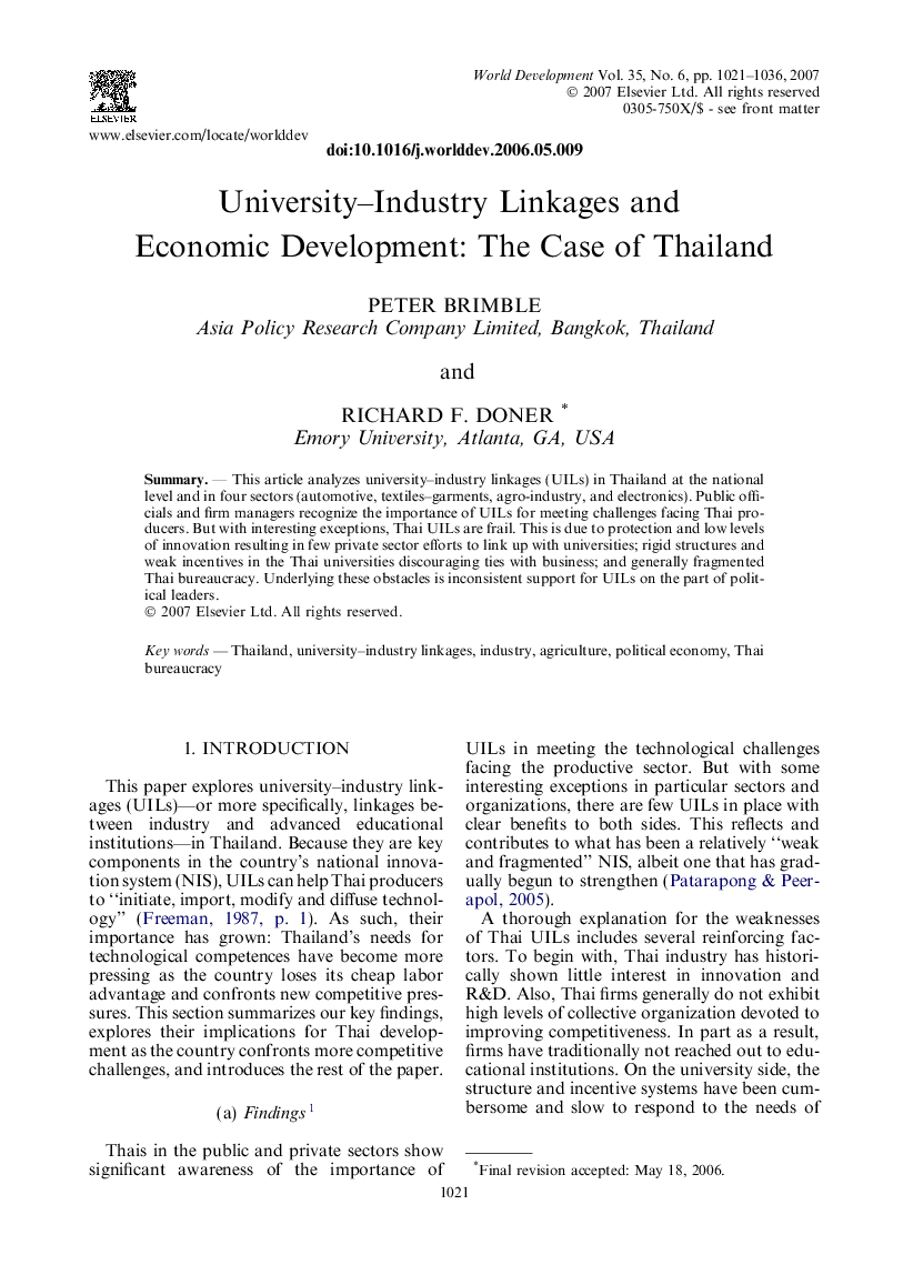 University–Industry Linkages and Economic Development: The Case of Thailand