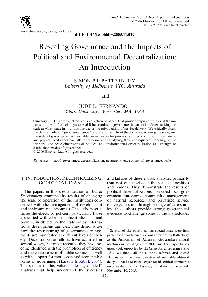 Rescaling Governance and the Impacts of Political and Environmental Decentralization: An Introduction