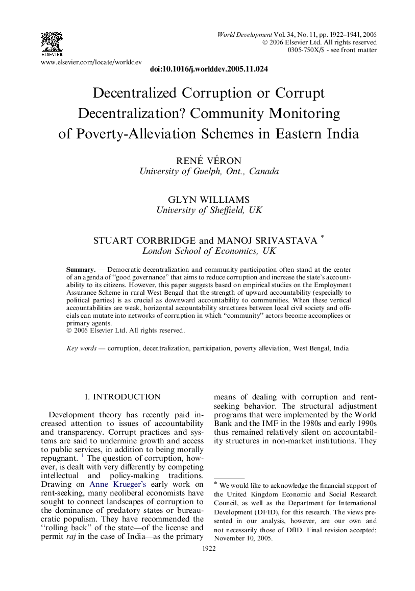 Decentralized Corruption or Corrupt Decentralization? Community Monitoring of Poverty-Alleviation Schemes in Eastern India