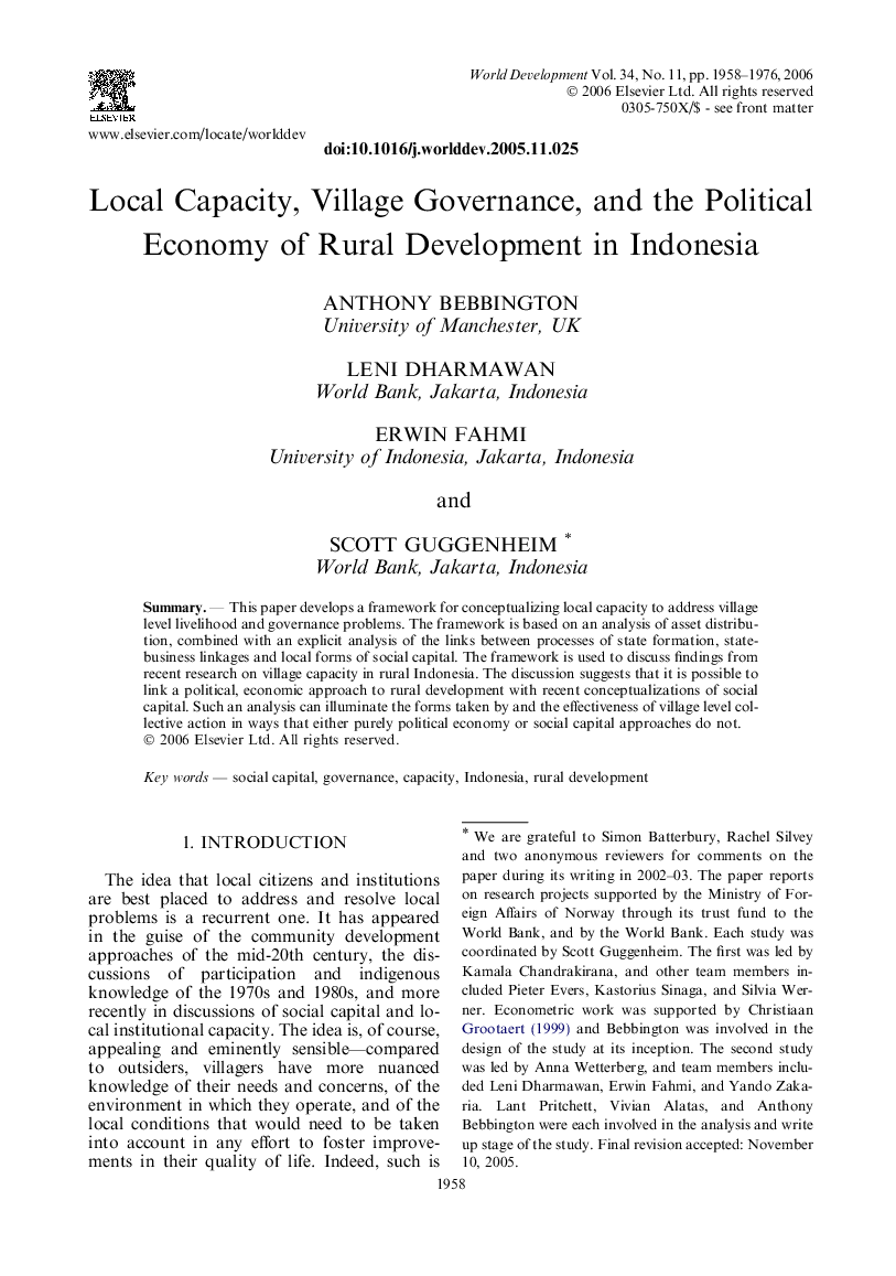 Local Capacity, Village Governance, and the Political Economy of Rural Development in Indonesia