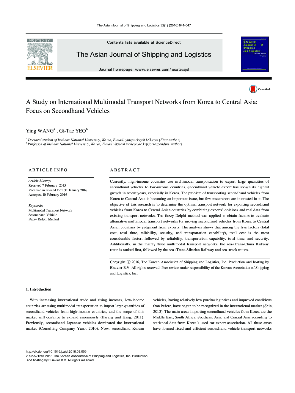 بررسی شبکه های بین المللی حمل و نقل چند وجهی از کره به آسیای مرکزی: تمرکز بر وسایل نقلیه دست دوم