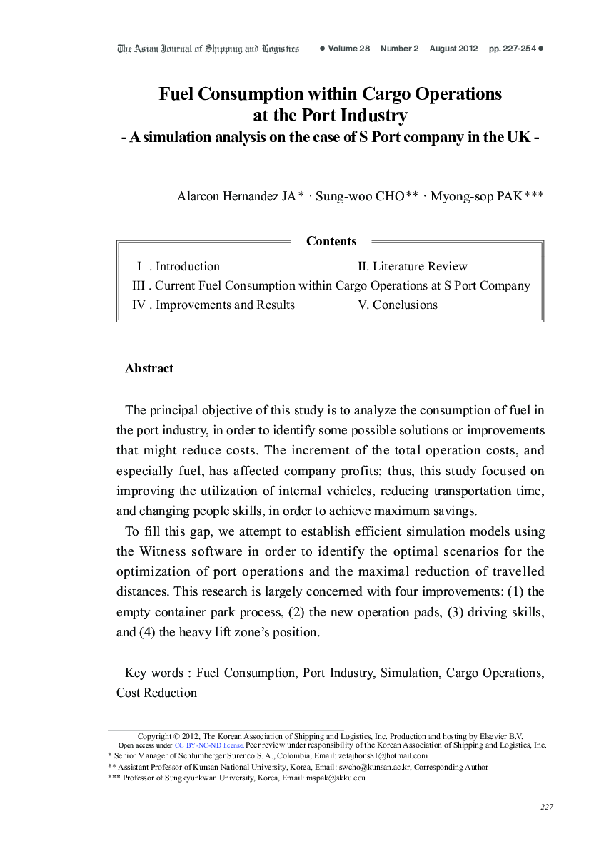 Fuel Consumption within Cargo Operations at the Port Industry A simulation Analysis on the Case of S Port Company in the UK