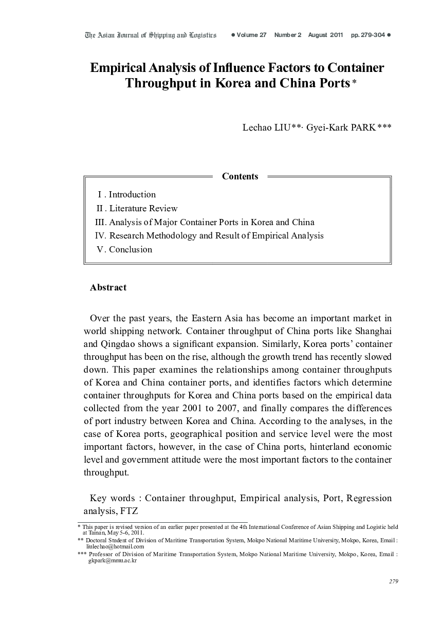 Empirical Analysis of Influence Factors to Container Throughput in Korea and China Ports *