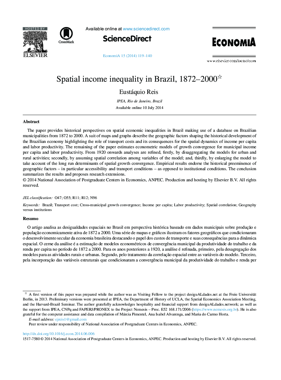 Spatial income inequality in Brazil, 1872–2000 