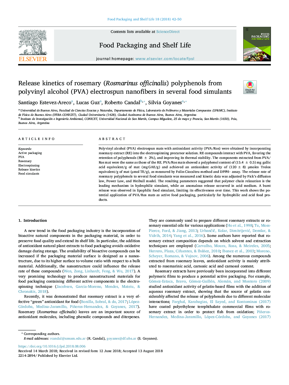 Release kinetics of rosemary (Rosmarinus officinalis) polyphenols from polyvinyl alcohol (PVA) electrospun nanofibers in several food simulants