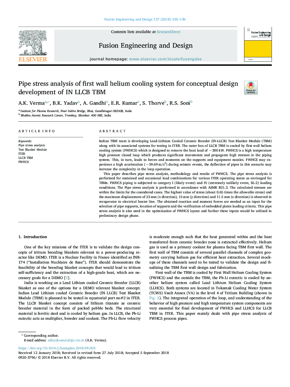 Pipe stress analysis of first wall helium cooling system for conceptual design development of IN LLCB TBM