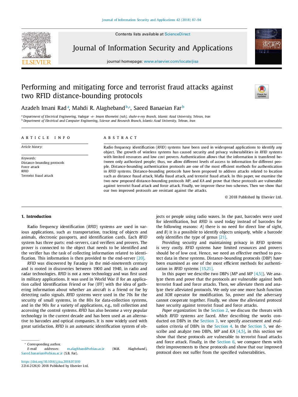 Performing and mitigating force and terrorist fraud attacks against two RFID distance-bounding protocols