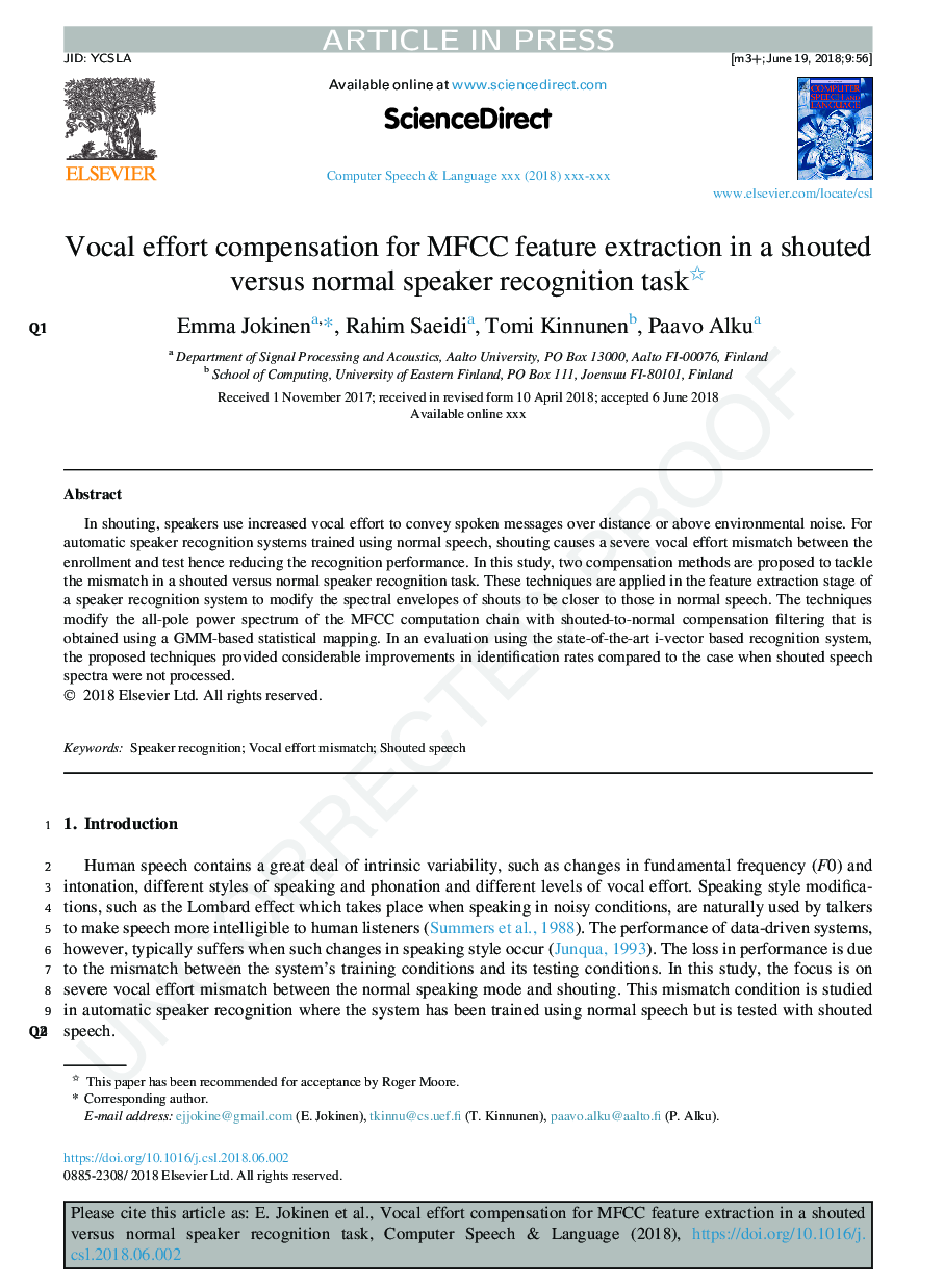 Vocal effort compensation for MFCC feature extraction in a shouted versus normal speaker recognition task