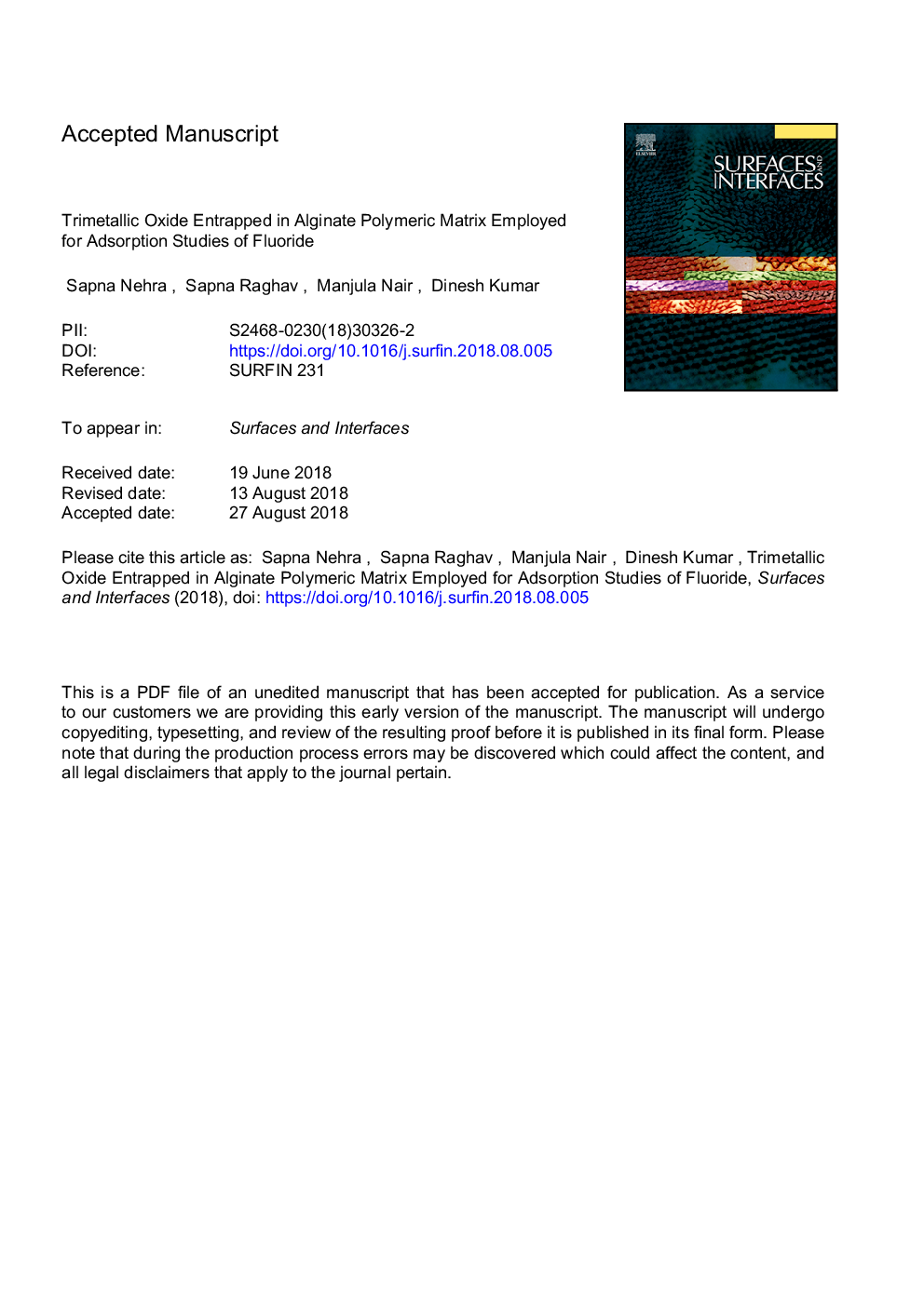 Trimetallic oxide entrapped in alginate polymeric matrix employed for adsorption studies of fluoride