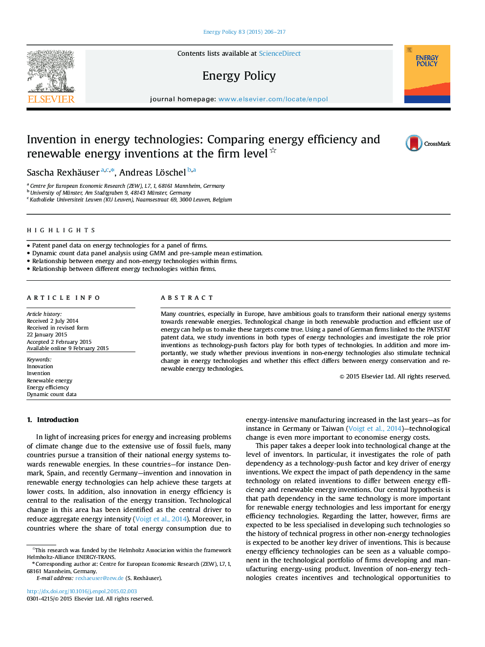 اختراع در فن آوری های انرژی: مقایسه بهره وری انرژی و اختراعات انرژی های تجدید پذیر در سطح شرکت