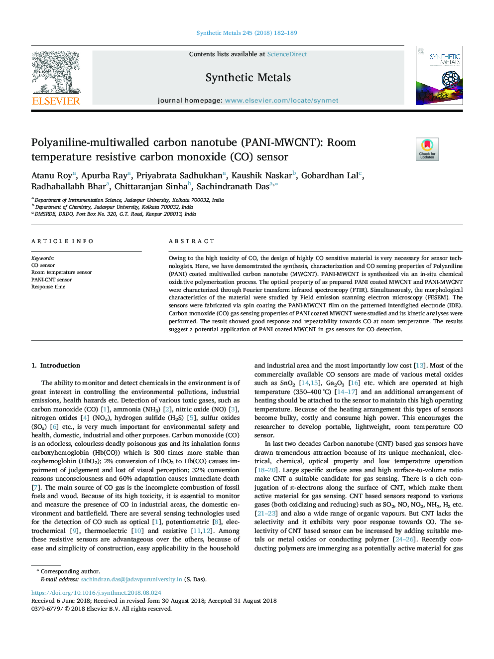 Polyaniline-multiwalled carbon nanotube (PANI-MWCNT): Room temperature resistive carbon monoxide (CO) sensor