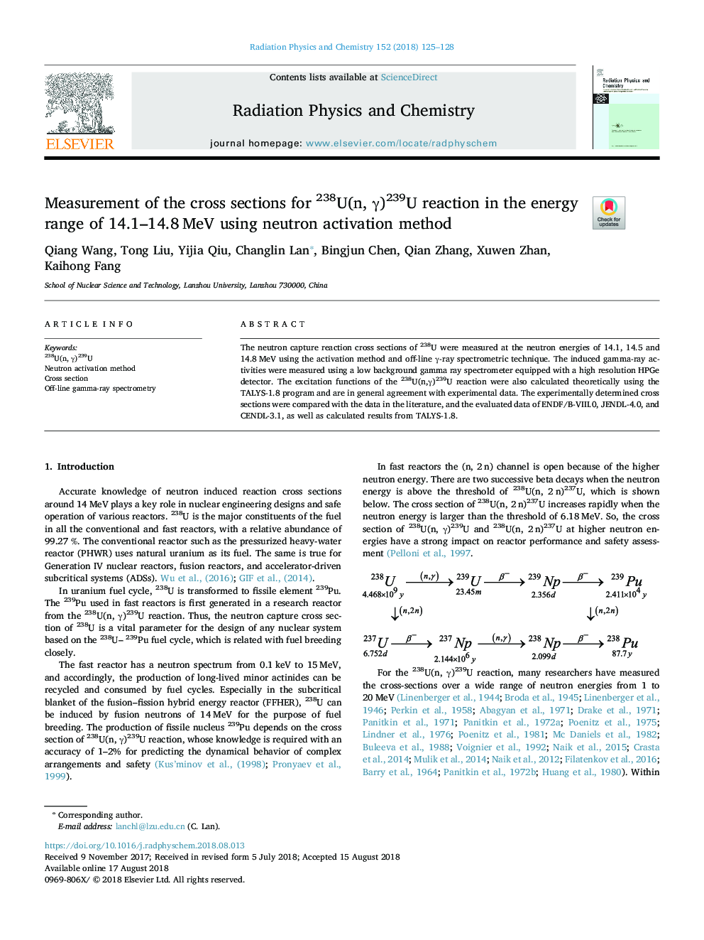 Measurement of the cross sections for 238U(n, Î³)239U reaction in the energy range of 14.1-14.8â¯MeV using neutron activation method