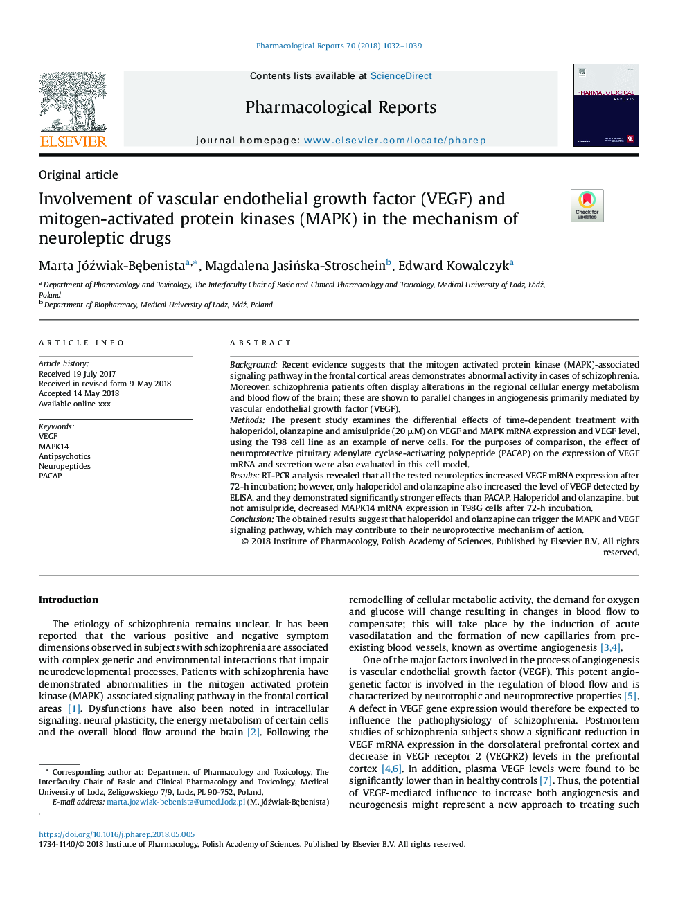Involvement of vascular endothelial growth factor (VEGF) and mitogen-activated protein kinases (MAPK) in the mechanism of neuroleptic drugs
