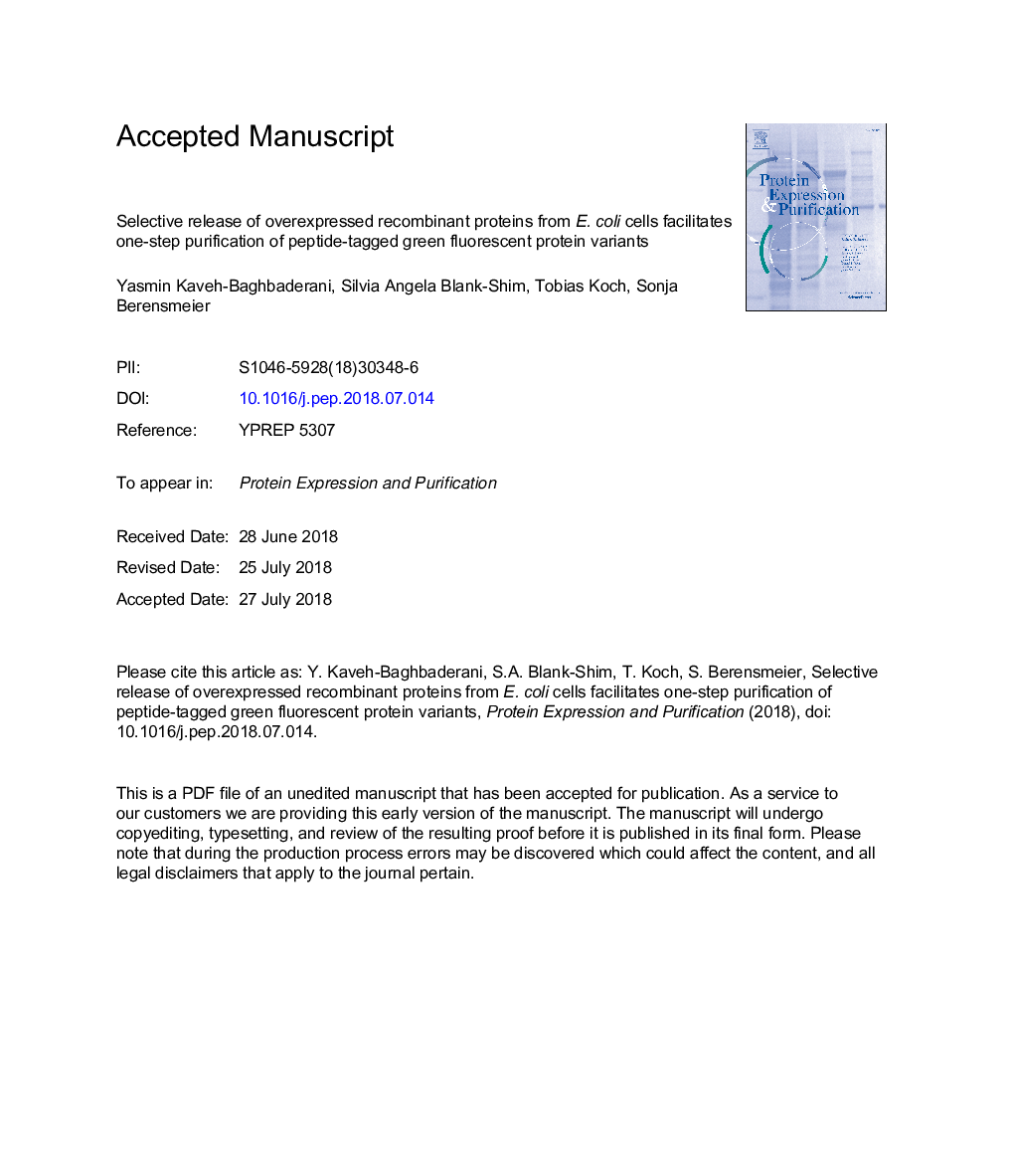 Selective release of overexpressed recombinant proteins from E.Â coli cells facilitates one-step chromatographic purification of peptide-tagged green fluorescent protein variants