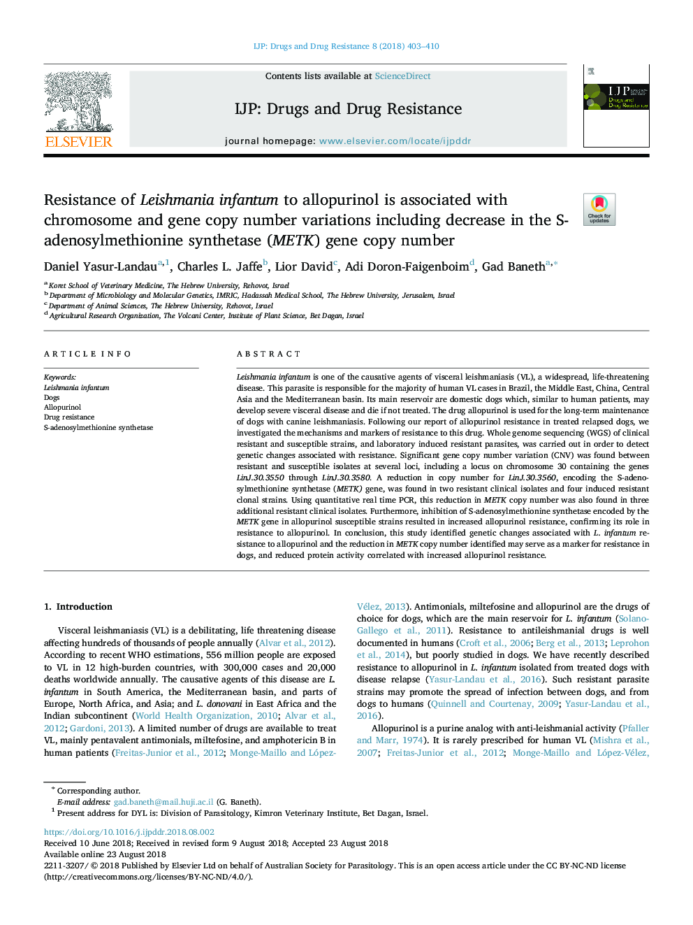 Resistance of Leishmania infantum to allopurinol is associated with chromosome and gene copy number variations including decrease in the S-adenosylmethionine synthetase (METK) gene copy number