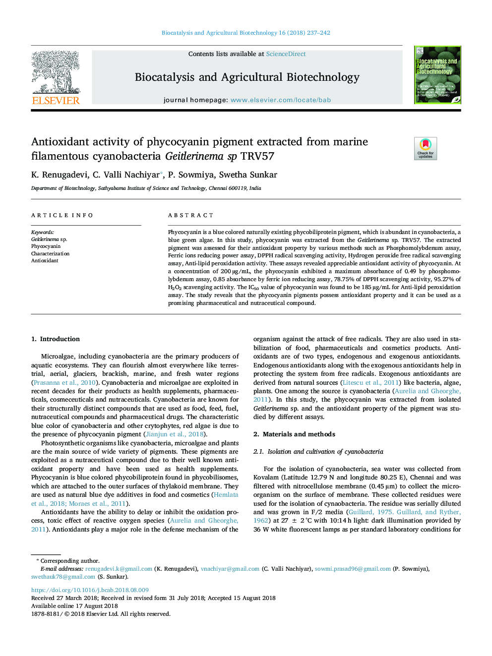 Antioxidant activity of phycocyanin pigment extracted from marine filamentous cyanobacteria Geitlerinema sp TRV57