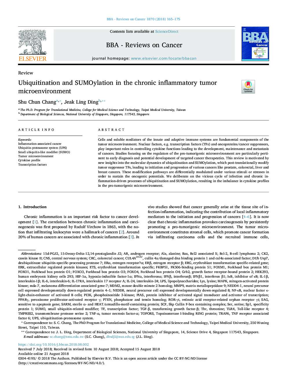 Ubiquitination and SUMOylation in the chronic inflammatory tumor microenvironment