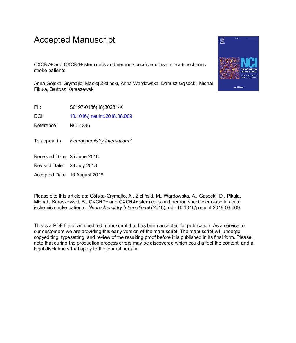 CXCR7+ and CXCR4+ stem cells and neuron specific enolase in acute ischemic stroke patients