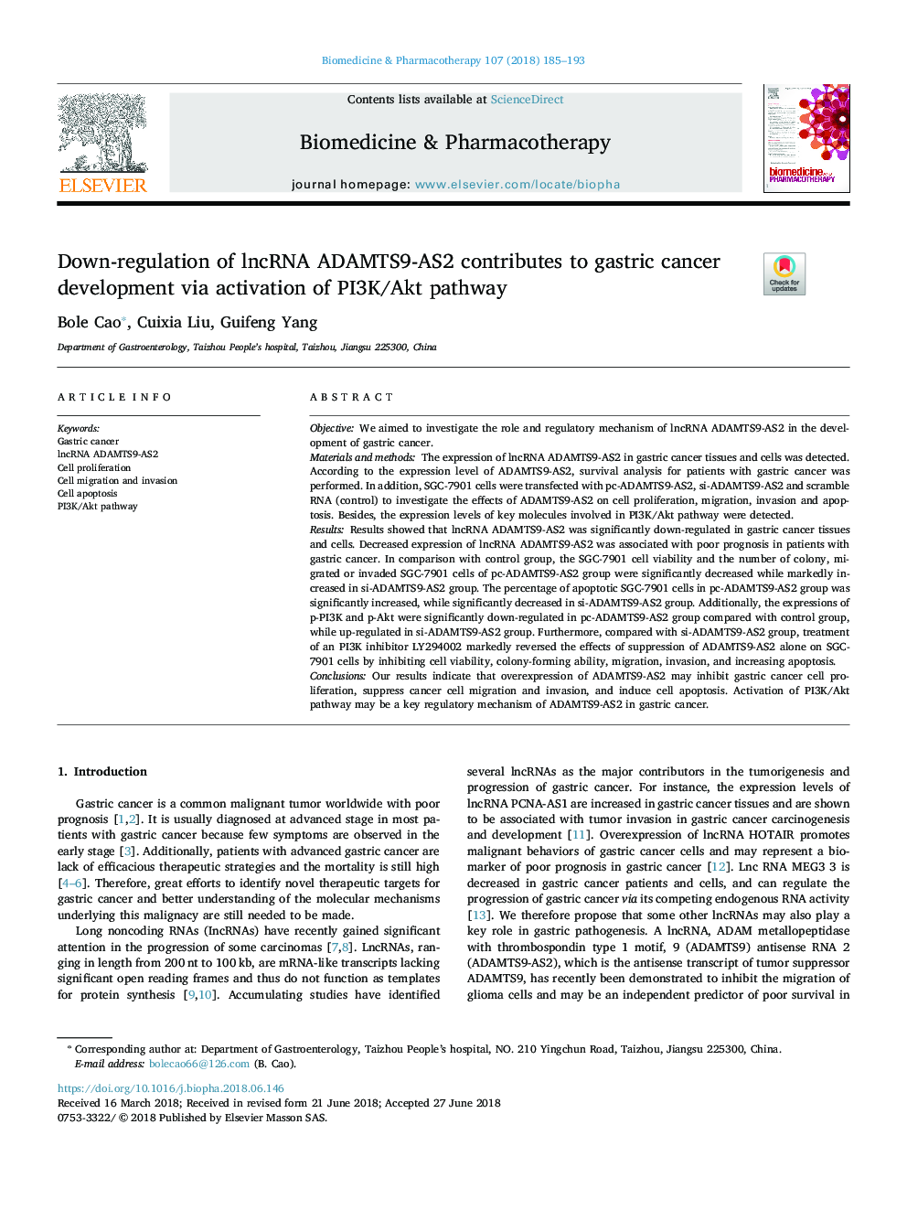 Down-regulation of lncRNA ADAMTS9-AS2 contributes to gastric cancer development via activation of PI3K/Akt pathway