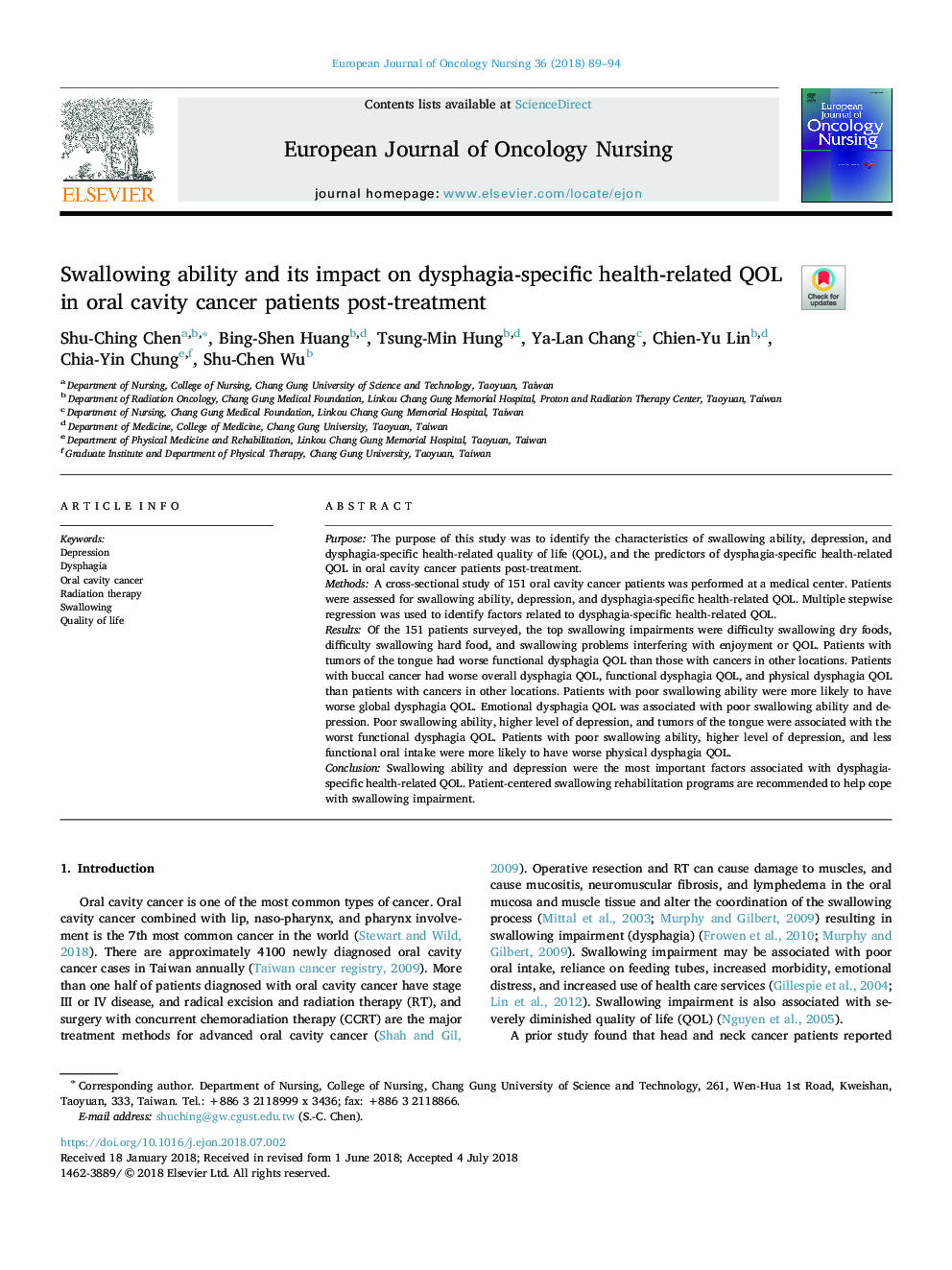 Swallowing ability and its impact on dysphagia-specific health-related QOL in oral cavity cancer patients post-treatment