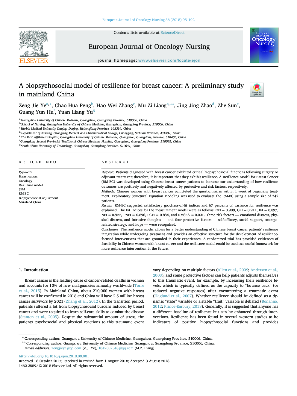 A biopsychosocial model of resilience for breast cancer: A preliminary study in mainland China