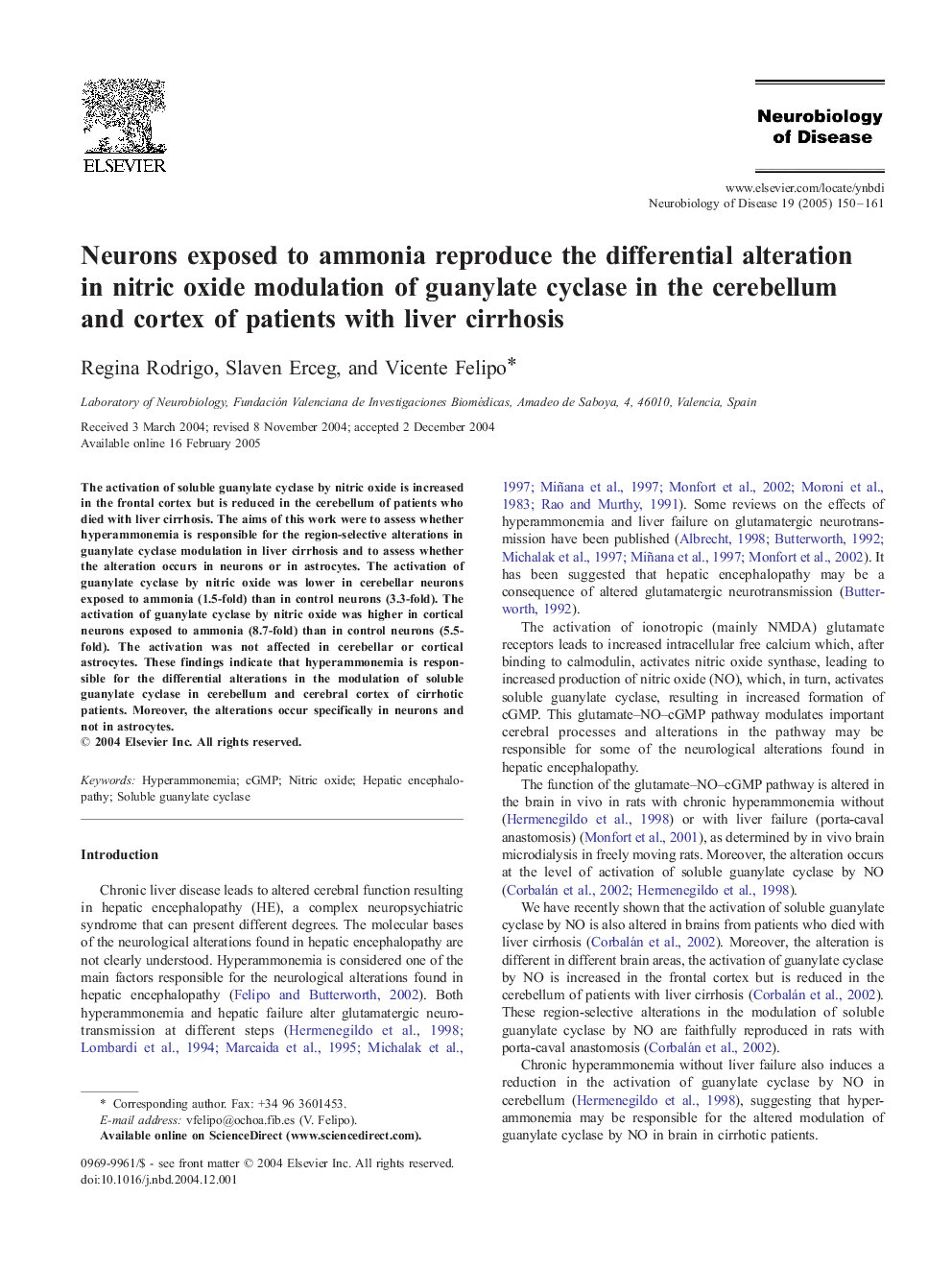 Neurons exposed to ammonia reproduce the differential alteration in nitric oxide modulation of guanylate cyclase in the cerebellum and cortex of patients with liver cirrhosis