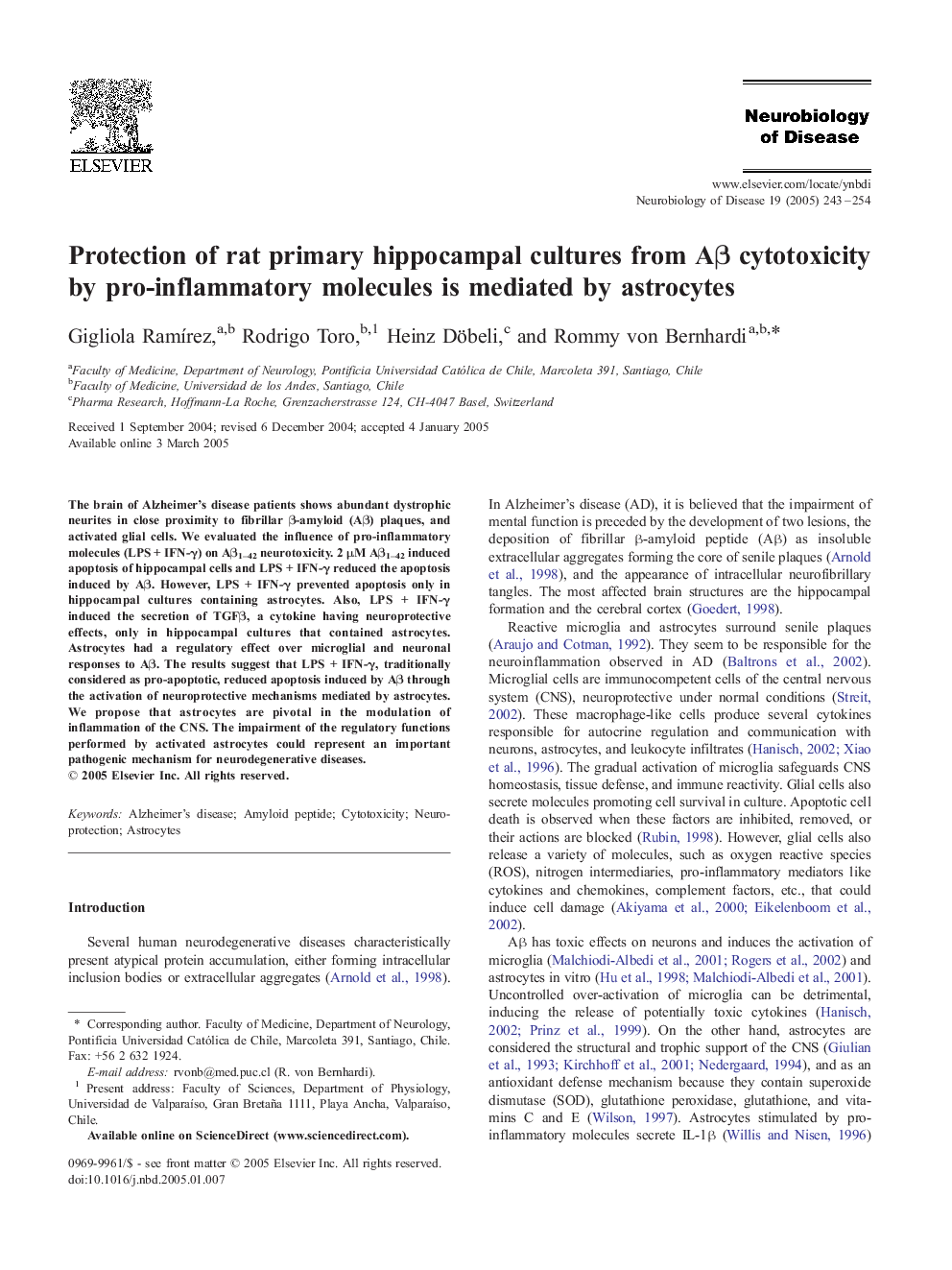 Protection of rat primary hippocampal cultures from AÎ² cytotoxicity by pro-inflammatory molecules is mediated by astrocytes