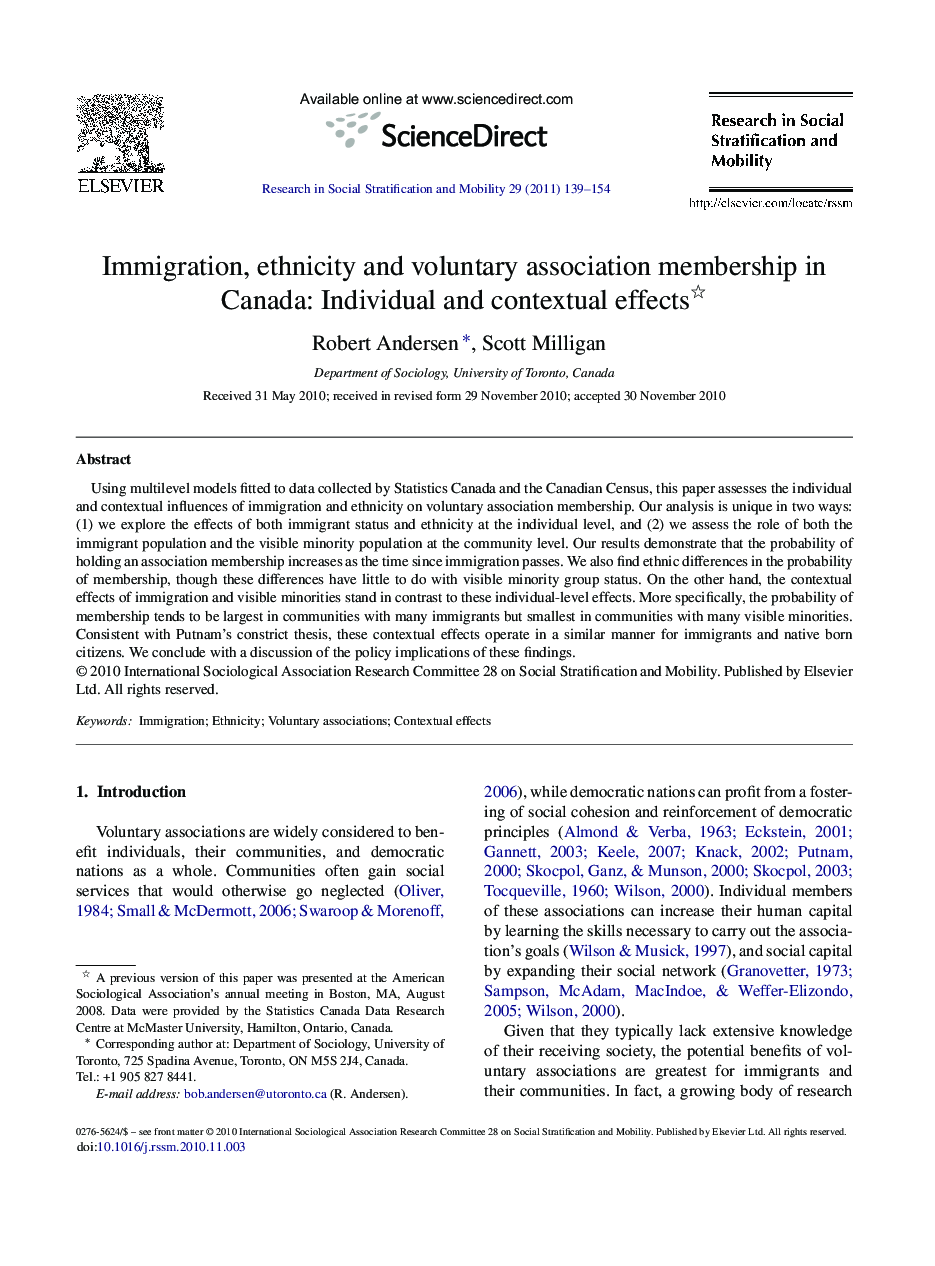 Immigration, ethnicity and voluntary association membership in Canada: Individual and contextual effects 