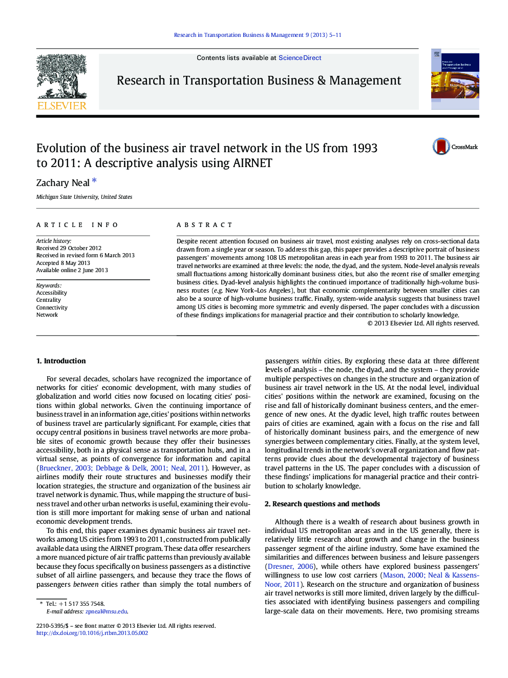 تکامل شبکه سفرهای تجاری هوایی در ایالات متحده 1993-2011: تجزیه و تحلیل توصیفی با استفاده از AIRNET