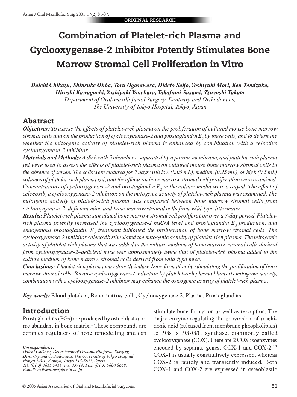 Combination of Platelet-rich Plasma and Cyclooxygenase-2 Inhibitor Potently Stimulates Bone Marrow Stromal Cell Proliferation in Vitro