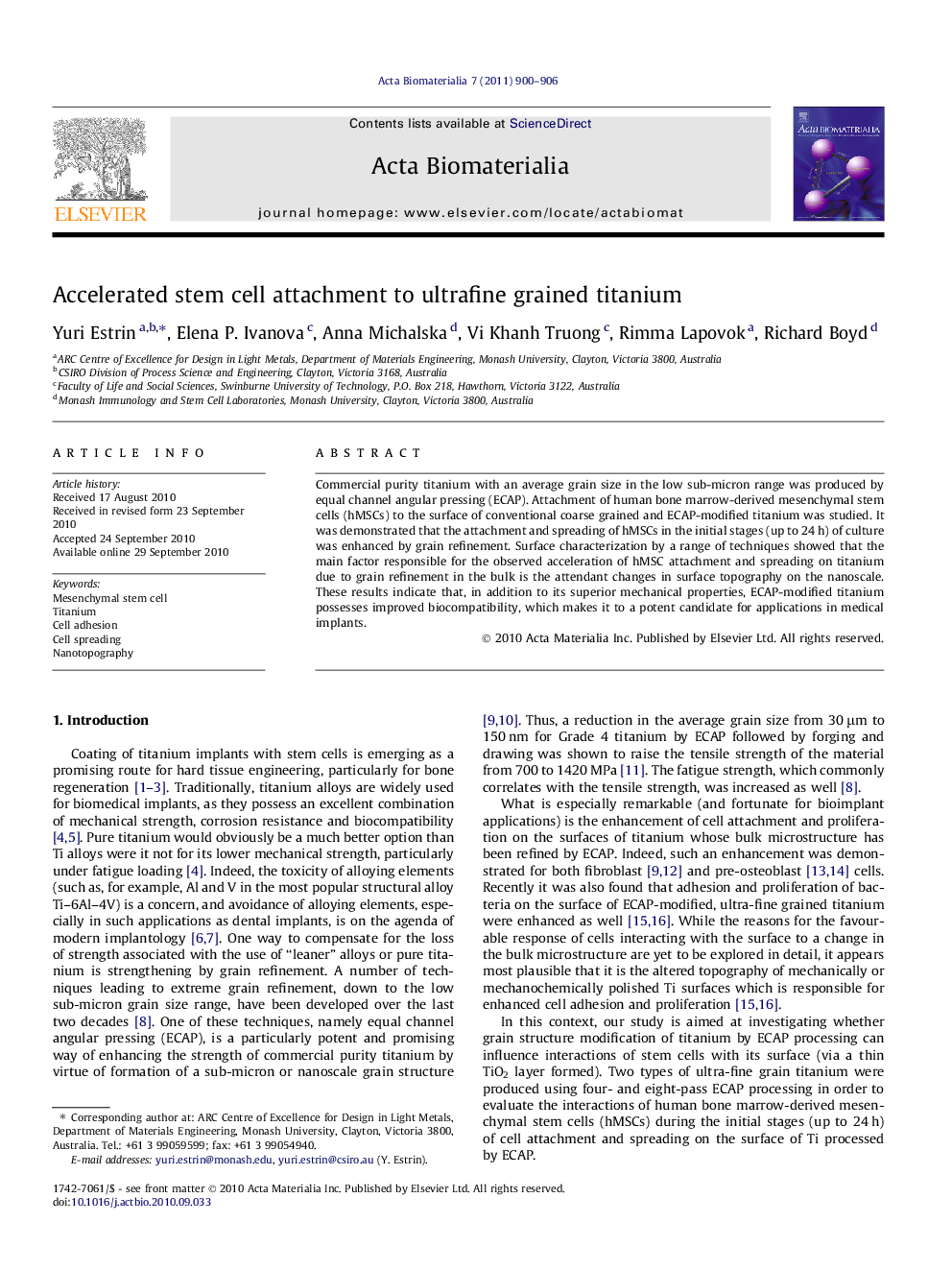 Accelerated stem cell attachment to ultrafine grained titanium