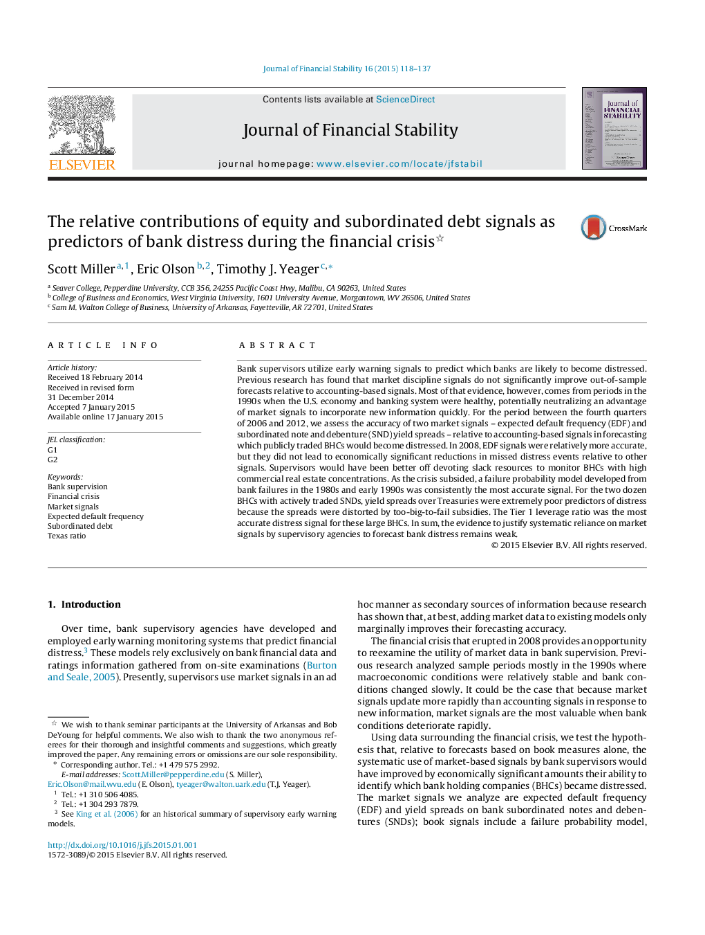 The relative contributions of equity and subordinated debt signals as predictors of bank distress during the financial crisis 