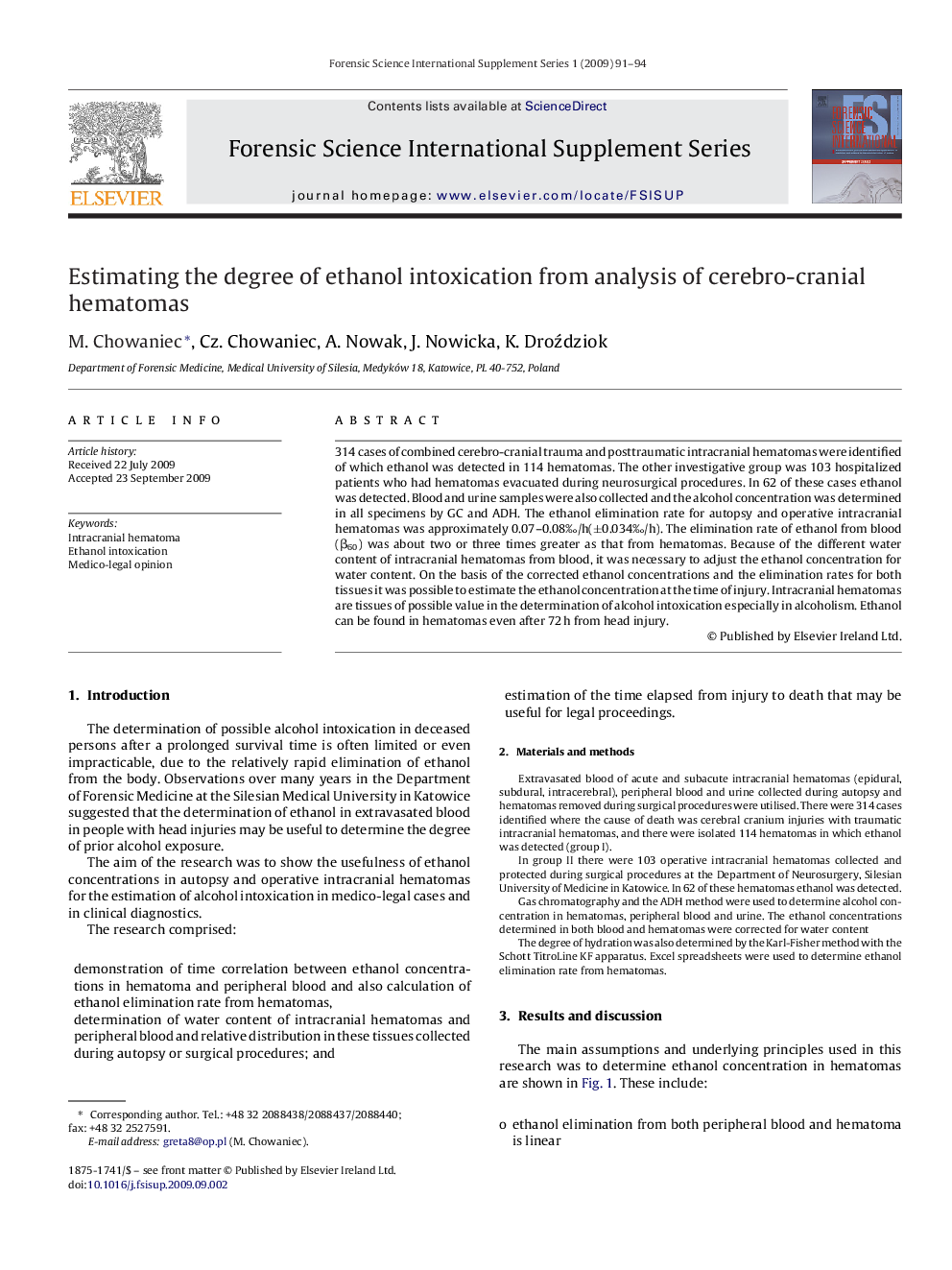 Estimating the degree of ethanol intoxication from analysis of cerebro-cranial hematomas