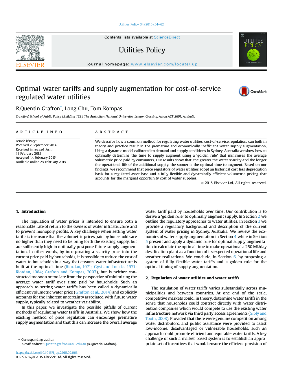 Optimal water tariffs and supply augmentation for cost-of-service regulated water utilities