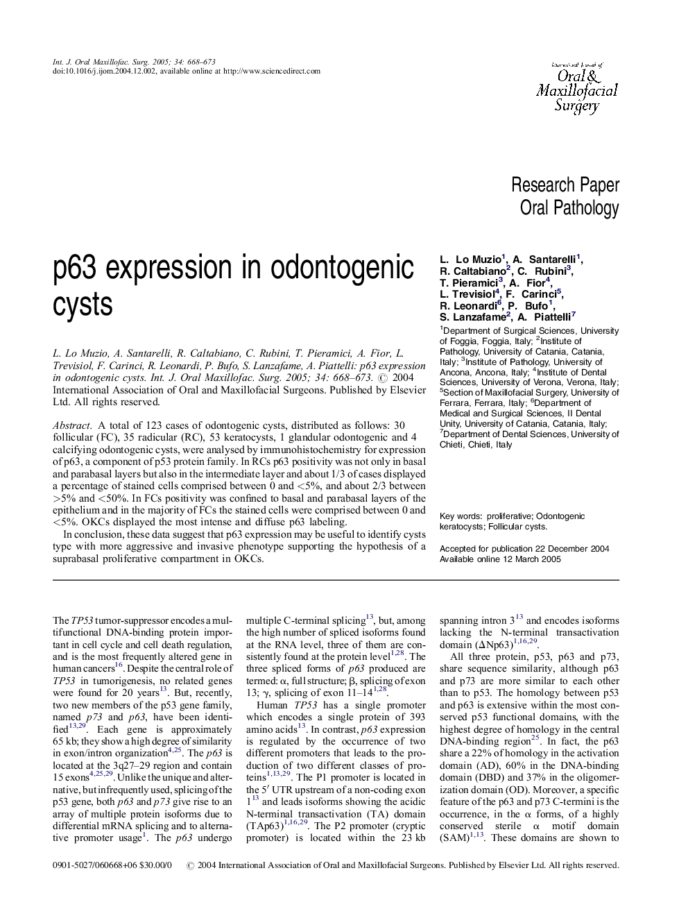 p63 expression in odontogenic cysts