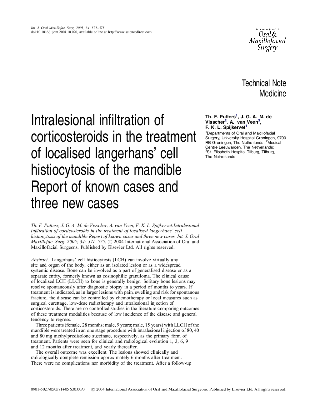 Intralesional infiltration of corticosteroids in the treatment of localised langerhans' cell histiocytosis of the mandible