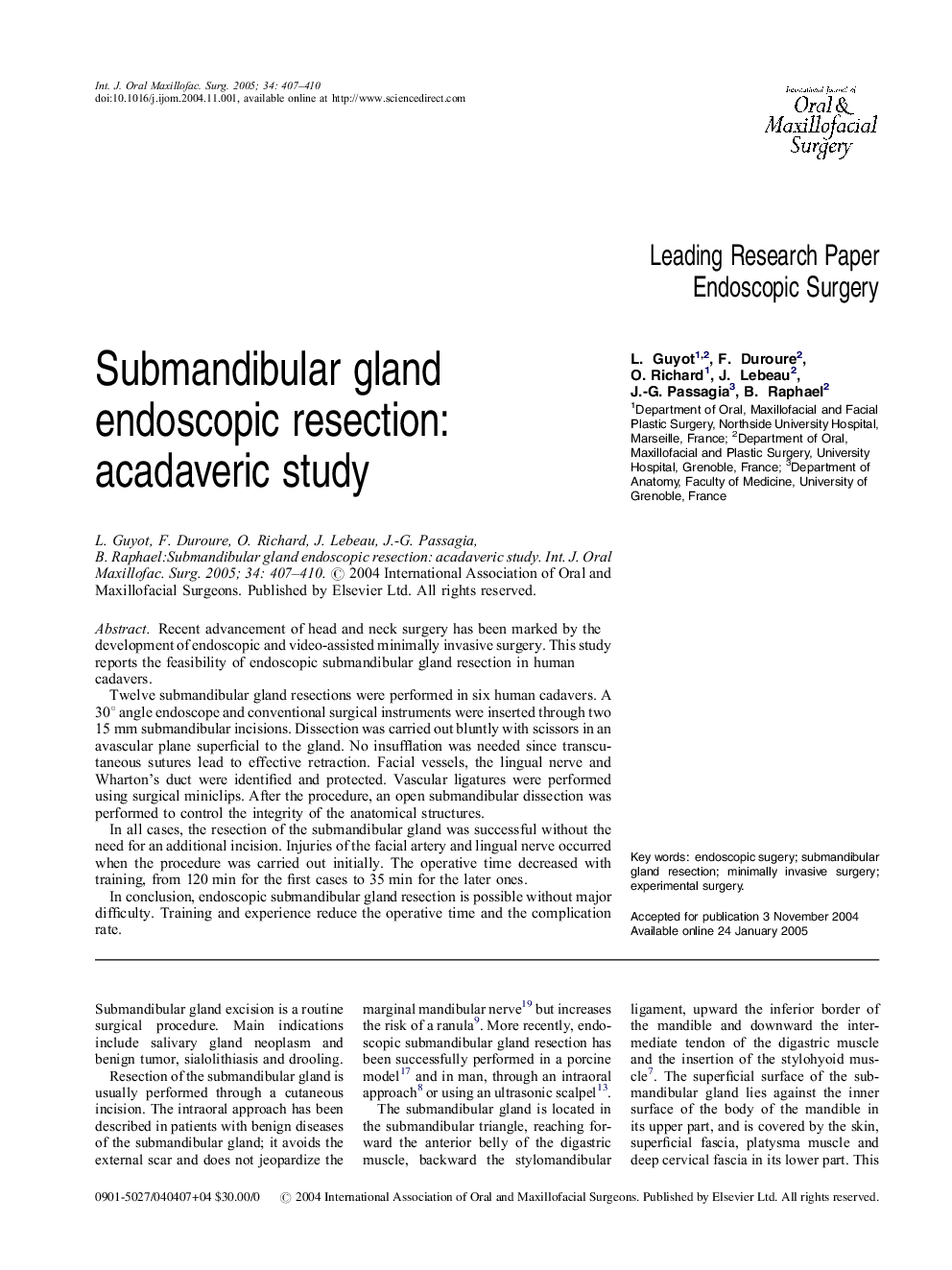 Submandibular gland endoscopic resection: acadaveric study