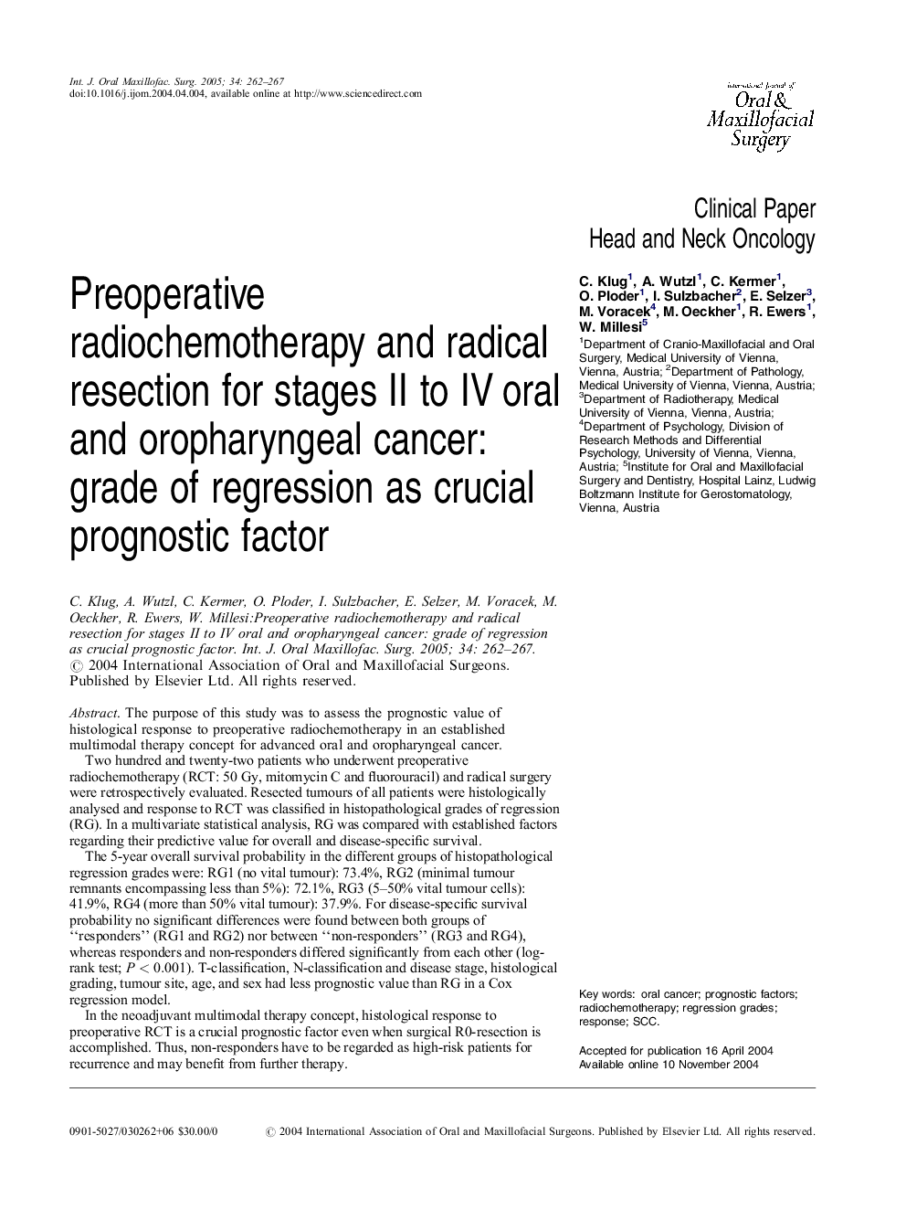 Preoperative radiochemotherapy and radical resection for stages II to IV oral and oropharyngeal cancer: grade of regression as crucial prognostic factor