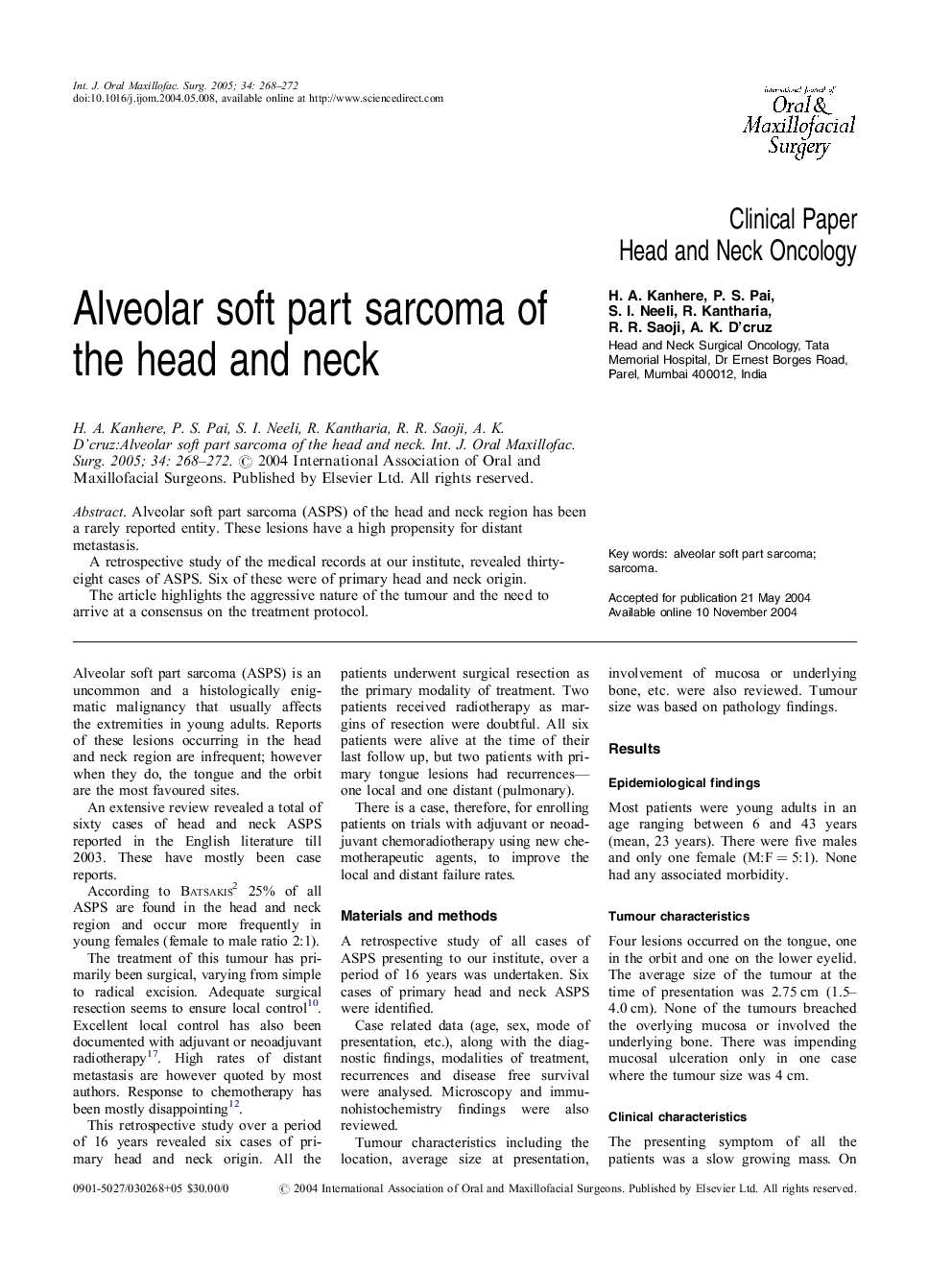 Alveolar soft part sarcoma of the head and neck