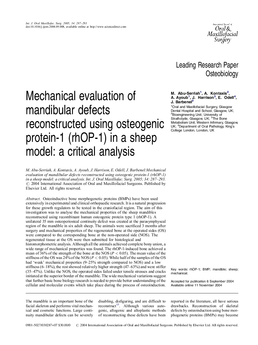 Mechanical evaluation of mandibular defects reconstructed using osteogenic protein-1 (rhOP-1) in a sheep model: a critical analysis